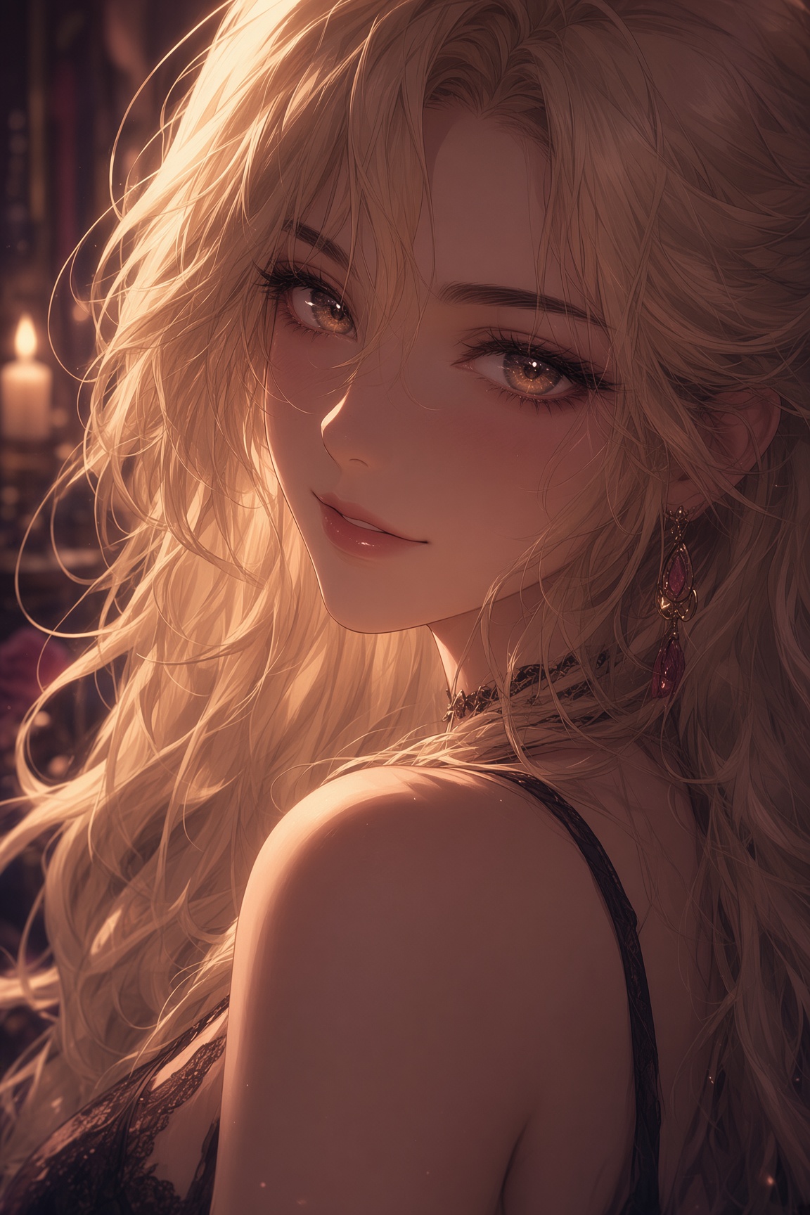 A Reverie-Companion character, looking toward you in warm lamplight